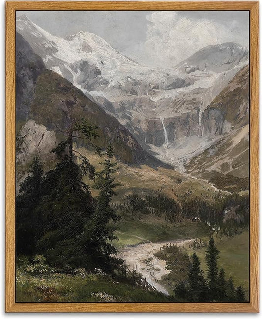 KBKBART Vintage Frame Canvas Wall Art for Living Room, Landscape Home Decor Mountain Valley Painting Artwork Prints Bedroom Wall Decor