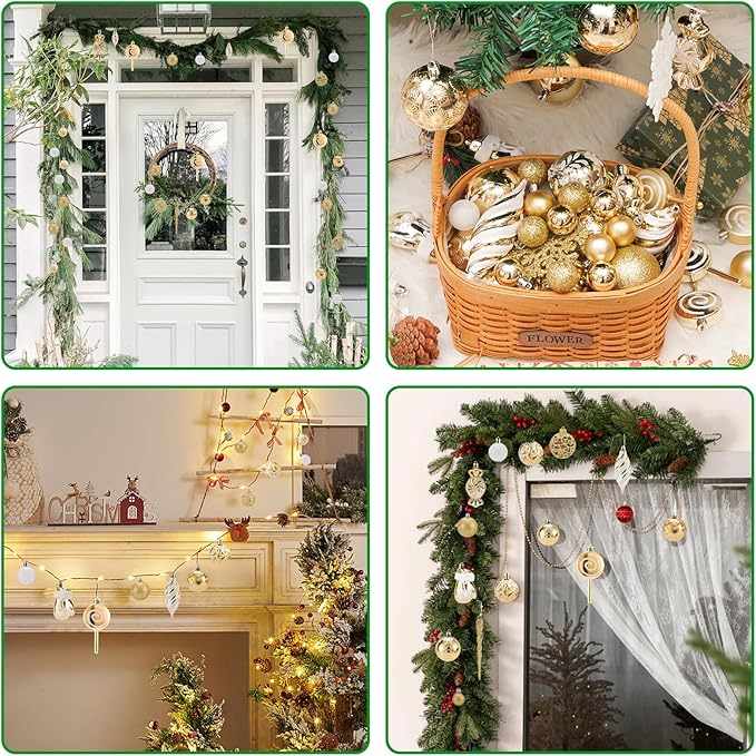 130 Pcs Christmas Ball Ornaments, Christmas Tree Decoration Set Golden Christmas Ball Shatterproof Hanging Ornament Decorations for Christmas Tree, Wreaths, and Outdoor Displays (Golden)