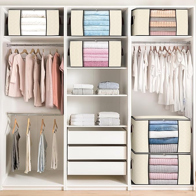 Budding Joy 90 L Large Storage Bags, 10 Pack Clothes Storage Bins Foldable Closet Organizers Storage Containers with Reinforced Handle for Clothing, Blanket, Comforters, Bed Sheets, Pillows (Beige)