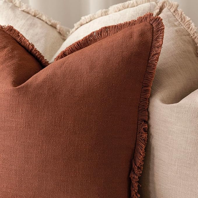 Foindtower Set of 2 Decorative Linen Fringe Throw Pillow Covers Boho Farmhouse Cushion Cover with Tassels Soft Accent Pillowcase for Couch Sofa Bed Living Room Home Decor, 26×26 Inch, Fall Rust Orange