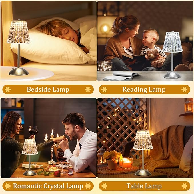 Cordless Touch Table Lamp, LED Rechargeable Small Dask Lamp, 3 Colors Dimmable Battery Operated Crysta Lamp for Bedroom Restaurant Kitchen Home Decor,Silver