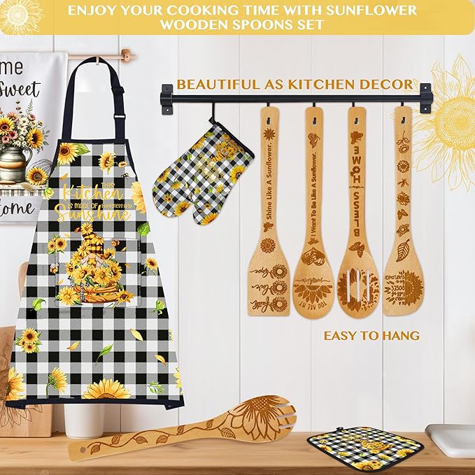 Sunflower Kitchen Decor Utensil Set -Bamboo Cooking Spoon with Apron Oven Mitt Pot Holder -Sunflower Kitchen Accessories,Home Decorations Gifts for Women-Housewarming,Birthday Gift,8PCS