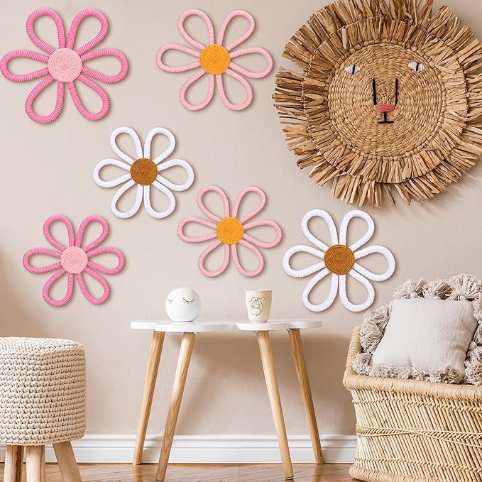 Barydat 6 Pcs Boho Nursery Decor Daisy Flower Woven Macrame Wall Hanging 3 Size Daisy Flower Wall Decor Bohemian Nursery Decorations for Home Dorm Art(Cute Color)