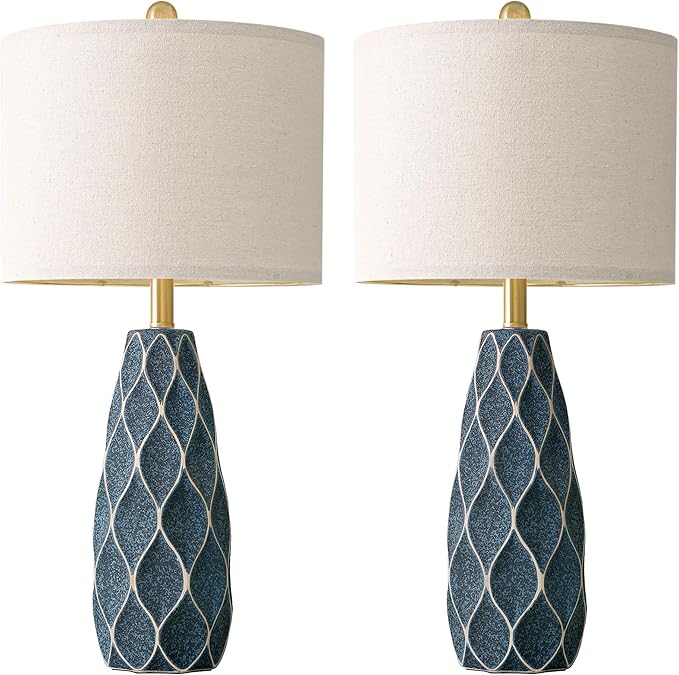27.5" Ceramic Table Lamps for Living Room Bedroom Lamps Set of 2 Modern Boho Bedside Lamps Night Stands Farmhouse Vintage Large Nightstand Lamp Reading Light Home Office Dorm Desk Deco Gifts, Blue