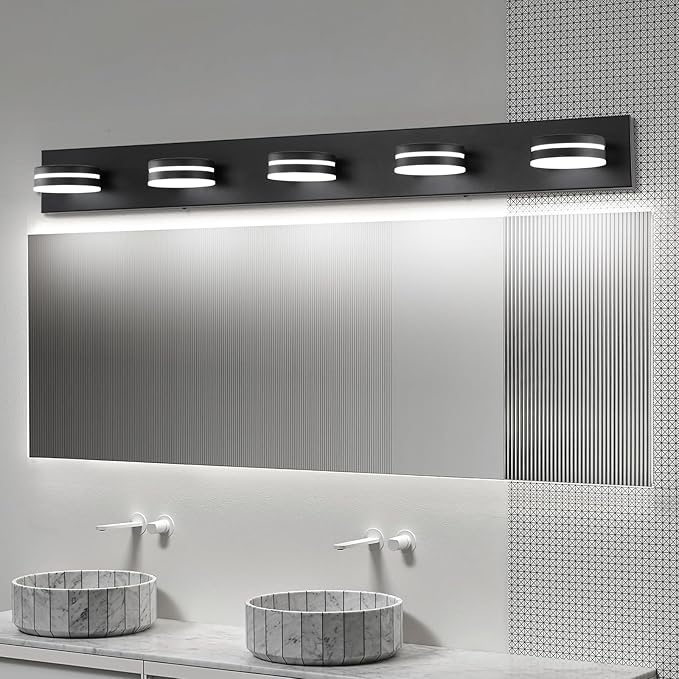 5 Light Bathroom Vanity Light, 30W LED Black Bathroom Light Fixtures Over Mirror, Dimmable Bath Lights, Wall Sconce Light with Milky White Acrylic Shades, Rotatable Lights Head