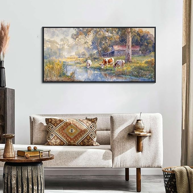 JEAWA Framed Canvas Wall Art - 20x40 IN Watercolor Landscape Painting Ready to Hang, Country Picture with Wooden House and Green Trees, Cow Art Prints for Bedroom Bathroom Home Decoration