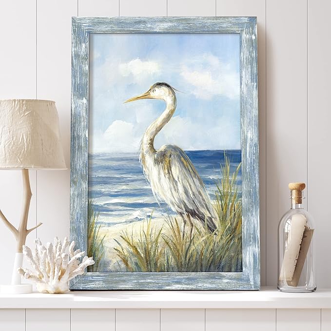 Coastal Sea Bird Wall Art: Framed Blue Ocean Scene Picture Heron on Beach Wooden Painting Artwork Modern Bedroom Bathroom Living Room Wall Decoration Home Office Decor 24”x16”