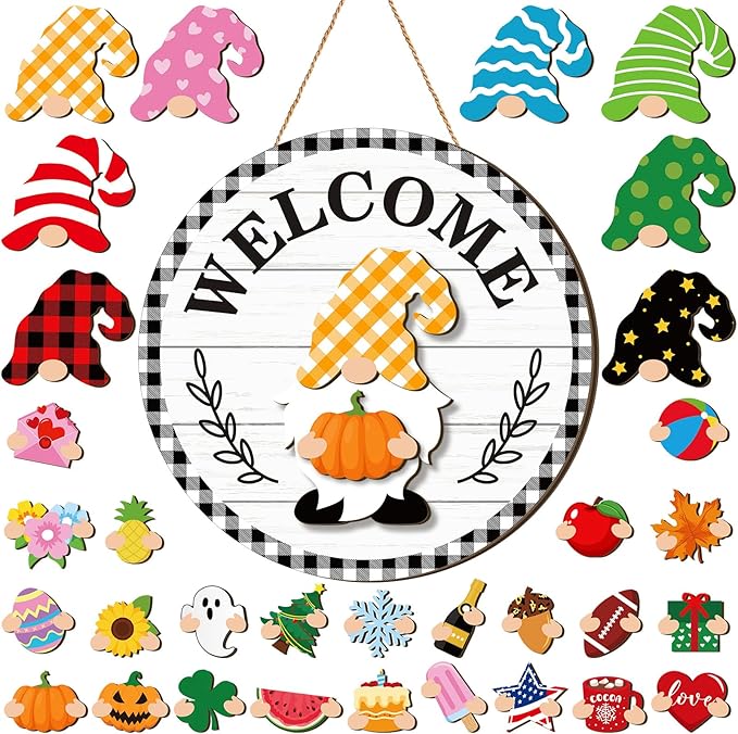 Qunclay Interchangeable Wooden Gnome Decor Holiday Seasonal Gnome Decorations with Magnet Pieces and Detachable Hats Changeable Welcome Sign for Home(Vivid Style)