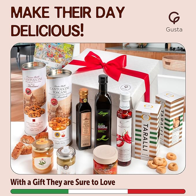 Gusta Italian Gift Basket in Deluxe Packaging - Made in Italy - Holiday Gift for Birthdays, Families, Clients, Parties, Housewarming, Client Thank You & Sympathy Gift Baskets