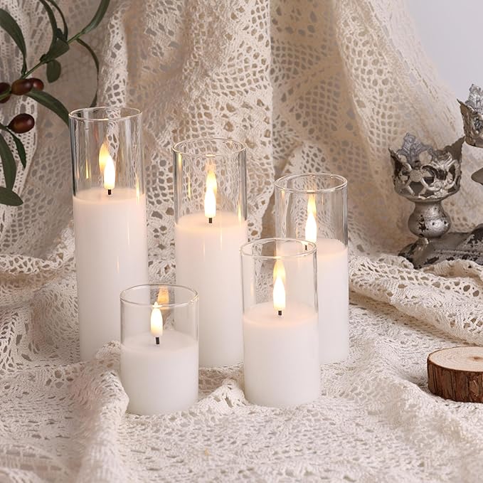 Eywamage Clear Glass Flameless Candles with Remote Batteries, Slim Tall LED Pillar Votive Candles Battery Powered, Set of 5
