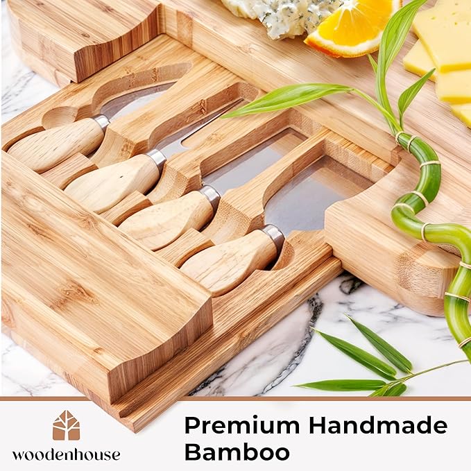 Charcuterie Boards, Bamboo Cheese Platter - Cheese Tray with Cheese Utensils, Fruit Tray, and 2 Bowls Included by Woodenhouse