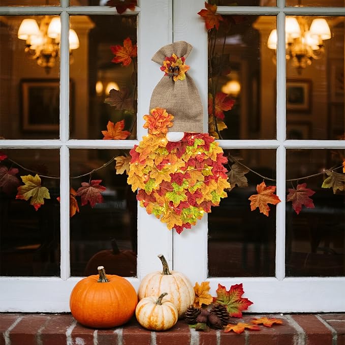 Fall Garland Gnome Door Hanging Wreaths with Maple Leaves LED String Lights, Artificial Maple Leaves Wreath for Autumn Harvest Thanksgiving Decoration Home Indoor Outdoor B
