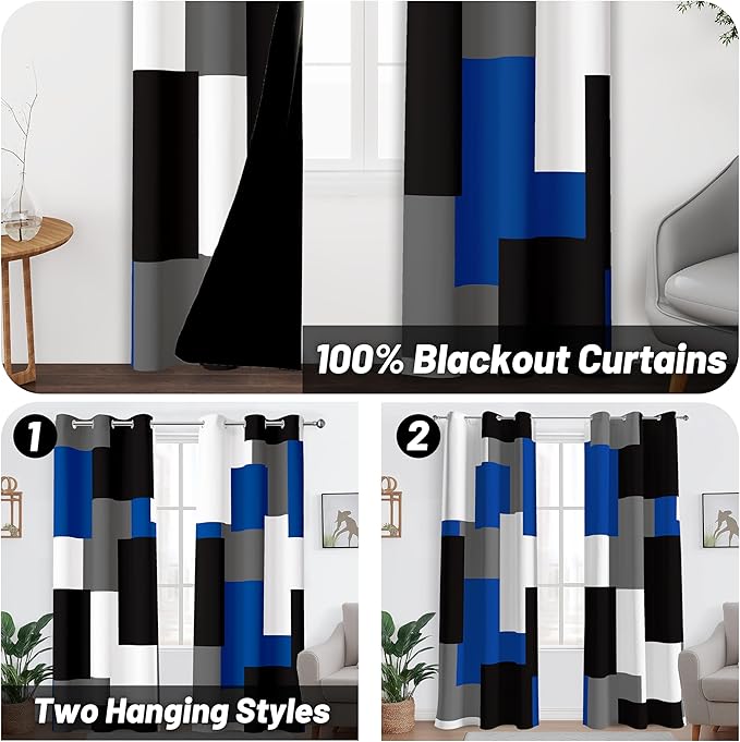 Blue Gray 100% Blackout Curtains for Bedroom 84 inch Length 2 Panels Set White Grey Modern Abstract Geometric Black Out Curtains Insulated Room Darkening Window Drapes for Living Room, 42Wx84L