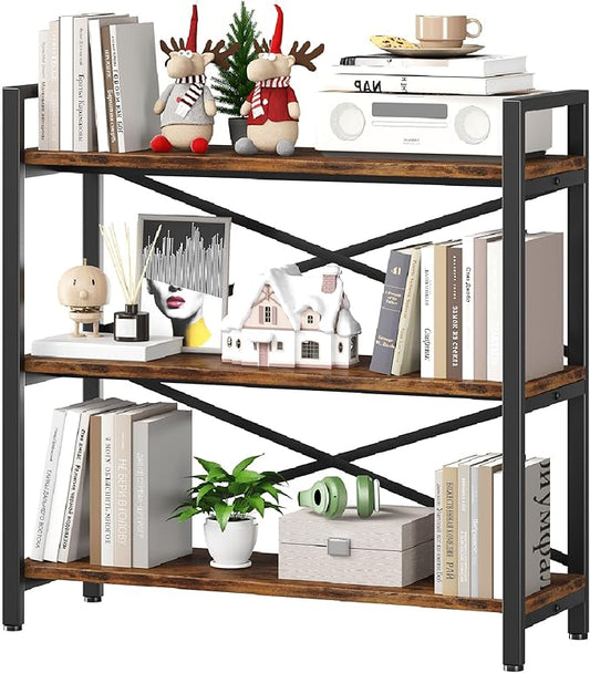 Homeiju 3 Tier Bookshelf 31.49" Width, Wood and Metal Etagere Bookcase, Vintage Farmhouse Modern Wooden Big Book Shelf for Home Living Room Bedroom Office Storage(Rustic Brown)