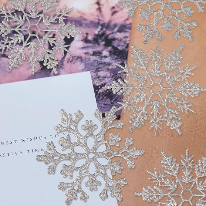 6pcs Large Silver Snowflakes Ornaments 12” Big Plastic Glitter Snowflake for Winter Indoor Outdoor Christmas Tree Window Room Decorations Giant Craft Snowflakes