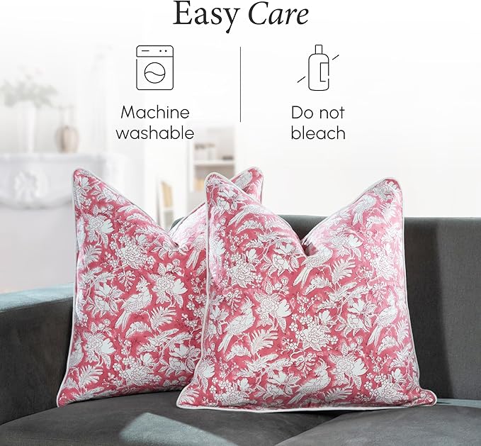 CPC 100% Cotton Throw Pillow Covers 24x24 Inch, Set of 2 Red Block Print Pattern Couch Pillow, Cute Boho Decorative Pillows for Living Room, Bedroom with Hidden Zipper- Coral Pink