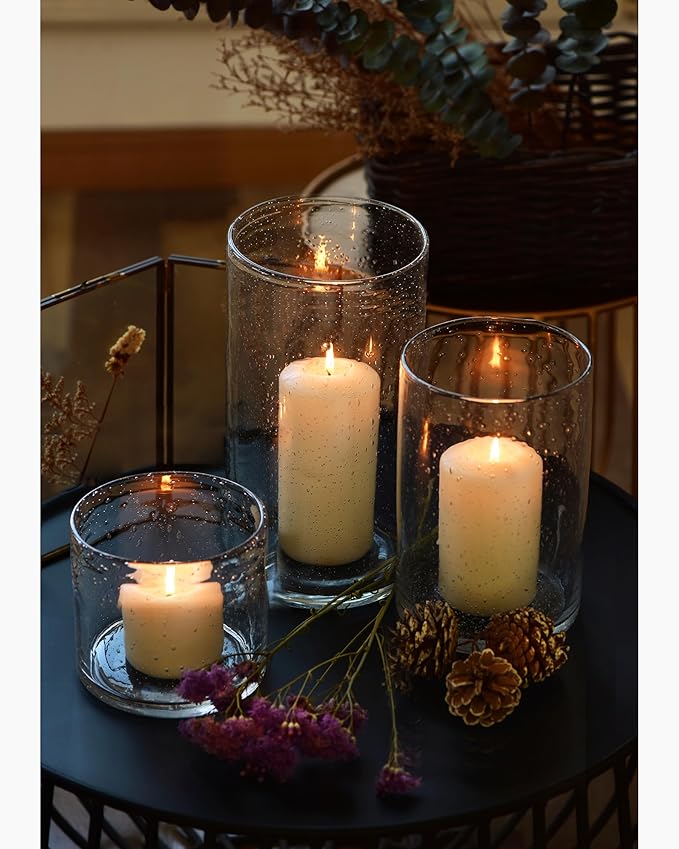 ARIAMOTION Hurricane Candle Holders for Pillar Hand Blown Glass Cylinder Vases Table Centerpiece Bulk Room Decor Clear Seeded Bubbles Living Dining Kitchen Island 10" 7" 4" Set of 3