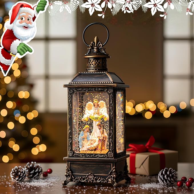 Christmas Snow Globes, Manger Snowflake Ball Nativity Scene, Silent Night Music Water Lantern, USB Powered & Battery, Holiday Decorations Gifts for Family, Children or Friend