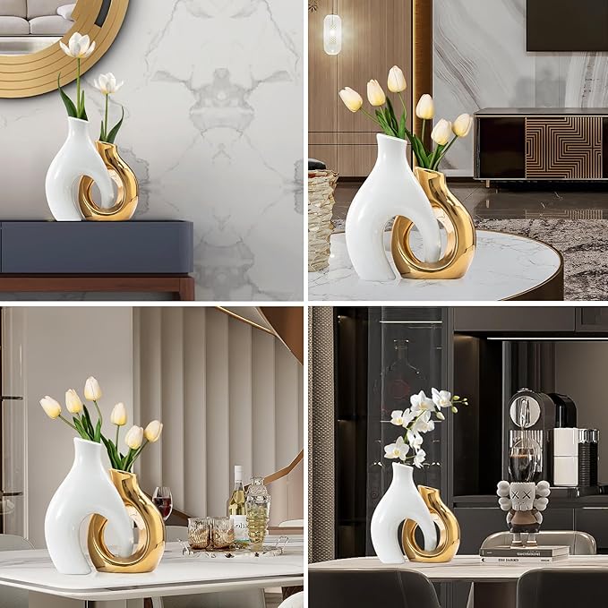 White and Gold Vases, Set of 2 vases Flowers, Pretty Vase Home Decor Boho, Hollow Modern Ceramic vase for Centerpieces
