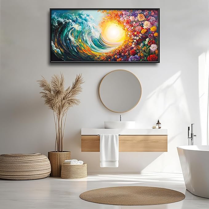 Ocean Framed Wall Art for Living Room, Large Waves with Flowers Canvas Wall Decor, Vintage Beach Pictures Painting, Modern Artwork for Bathroom Bedroom 60L'' × 30W''