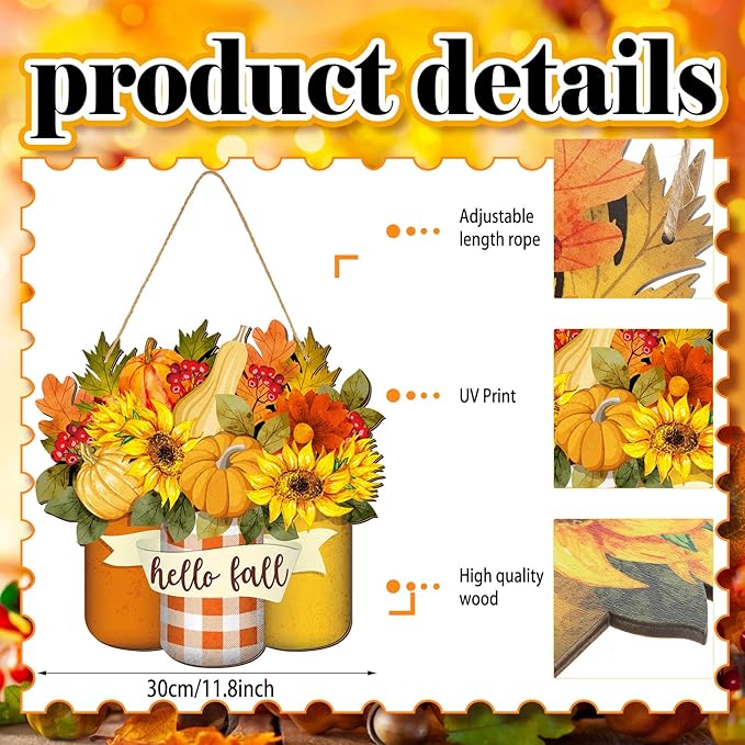 Spiareal Thanksgiving Welcome Sign Fall Wall Art Wood Autumn Maple Door Decor Sunflower Flowers Fall Front Wreath for Front Door Decoration (Maple Style)