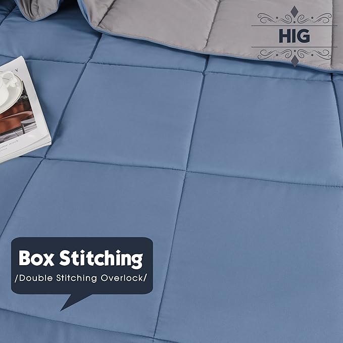 HIG 3pc Dusty Blue Full Size Comforter Set - All Season Reversible Down Alternative Comforter with Two Shams - Quilted Duvet Insert with Corner Tabs - Box Stitched Blanket - Breathable, Soft, Fluffy