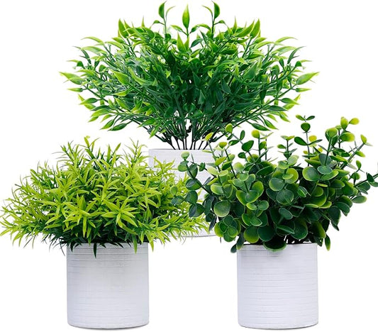 FGSAEOR Mini Potted Fake Plants, Small Artificial Greenery Realistic Plants Topiaries, Low Maintenance, for Home Office Shelf Desk Farmhouse Room Coffee Table Decor (3-Pack) (Green)