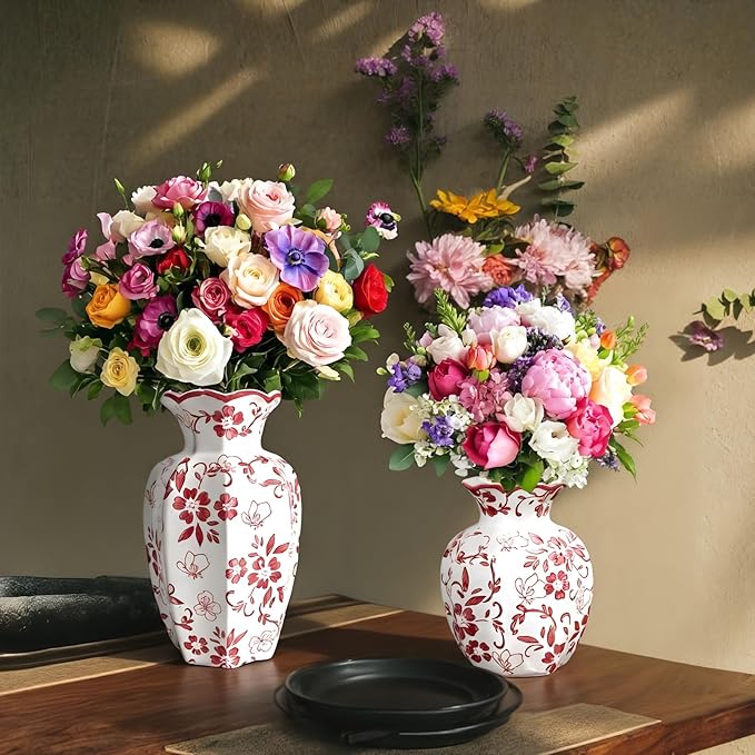 Chinoiserie Vase,Red and White Vase,Vintage Ceramic Vases,Flower Vase for Centerpiece,Chinese Cute Vases for Living Room, Office,Home Decor (Red White, Small)