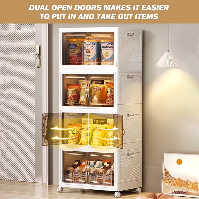 76 Gal Stackable Storage Bins with Lids and Double Doors Plastic 4 Tier Storage Box Collapsible Organizer with Wheels Large Folding Storage Containers for Home Organization 4 Pack 19gal x 4