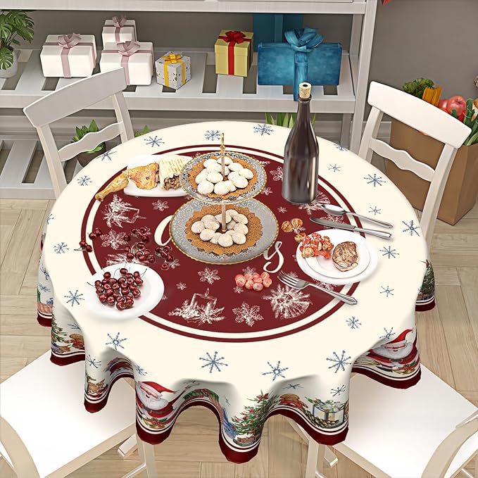 Christmas 60 Inch Round Tablecloth Merry Christmas Trees Round Table Cloth Xmas Santa Decorative Table Cloth Christmas Snowflakes Dining Table Cover for Winter Holiday Farmhouse Party Picnic Decor