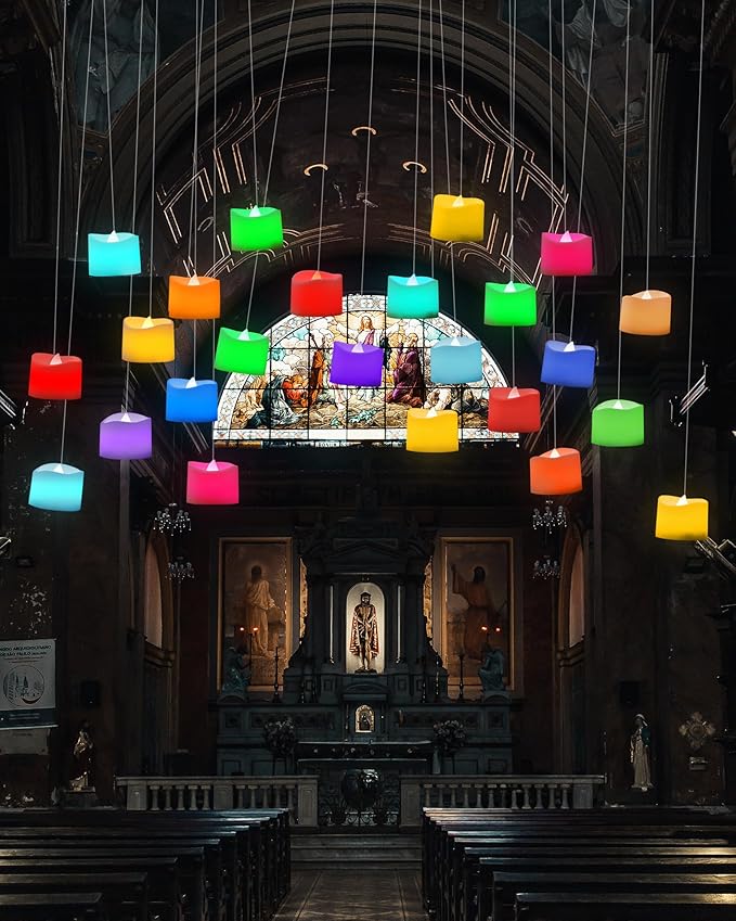 Homemory Multi Color Changing Tea Lights Battery Operated, 7-Color Changing LED Plastic Holiday Candles for Halloween, Pumpkin, Ofrenda, Christmas, Party, Dia1.5'' x H1.3'', 24-Pack [White Base]