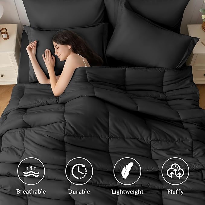 JOLLYVOGUE Oversized King Comforter Set, Ultra-Soft Bed in a Bag Oversized King Size 7 Pieces, Oeko-TEX Certified Bedding Set with Down Alternative Comforter, Sheets, Pillowcases & Shams, Black