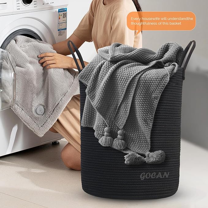 large tall sturdier Laundry Hamper Basket Woven Storage Baskets for clothes Pillows Blanket Toy in living or bed room decoration H50XD38cm black