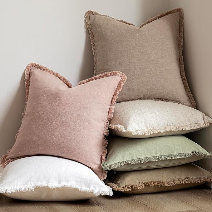 Foindtower Set of 2 Decorative Linen Fringe Throw Pillow Covers Cozy Boho Farmhouse Cushion Cover with Tassels Soft Accent Pillowcase for Couch Sofa Bed Living Room Home Decor,26×26 Inch,Light Pink