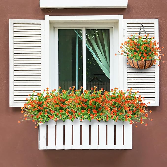 Sggvecsy Artificial Fall Flowers for Outdoors 12 Bundles UV Resistant Boxwood Shrubs Fake Plants for Autumn Harvest Thanksgiving Farmhouse Garden Home Indoor Outdoor Decoration(Orange)