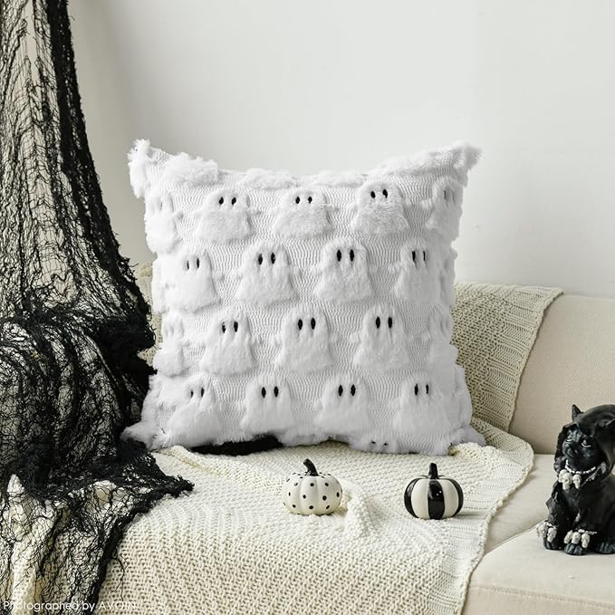 AVOIN colorlife Halloween Ghost White Throw Pillow Cover Set of 2, 18 x 18 Inch Soft Plush Faux Fur Jacquard Spooky Cushion Case Decoration for Sofa Couch