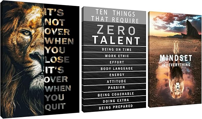 Zero Talent Poster Inspirational Wall Art Office Quotes Motivational Wall Decor Lion Mindset is Everything Animal Canvas Prints Wall Art Modern Home Bedroom Decor Framed and Stretched [60''Wx 28''H]