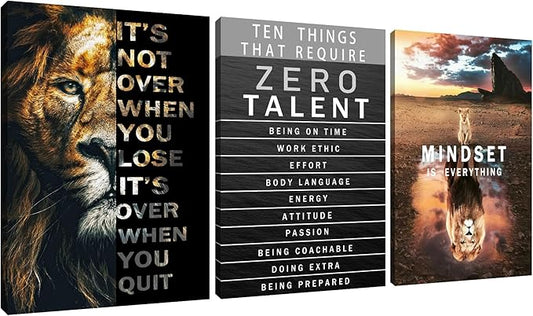 Zero Talent Poster Inspirational Wall Art Office Quotes Motivational Wall Decor Lion Mindset is Everything Animal Canvas Prints Wall Art Modern Home Bedroom Decor Framed and Stretched [60''Wx 28''H]