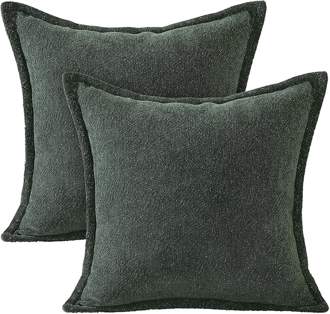 AVOIN colorlife Dark Green Chenille Throw Pillow Covers 18 x 18 Inch Set of 2, Soft Cozy Bound Edge Design Home Decor Cushion Case for Living Room Bed Sofa Coach