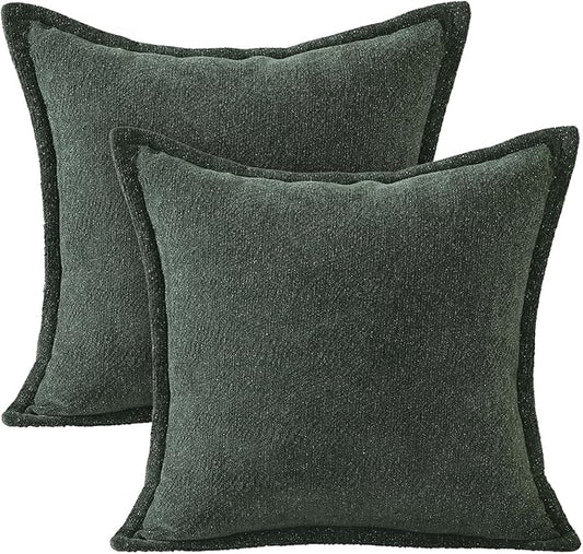 AVOIN colorlife Dark Green Chenille Throw Pillow Covers 18 x 18 Inch Set of 2, Soft Cozy Bound Edge Design Home Decor Cushion Case for Living Room Bed Sofa Coach