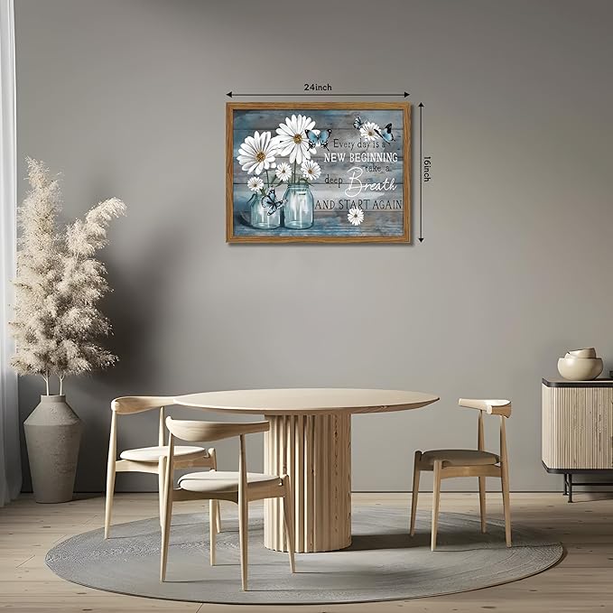 Wood Framed Daisy Butterfly Wall Art, Blue Rustic Farmhouse Canvas Wall Decor Paintings, Inspirational Flower Still Life Posters Prints Pictures for Kitchen Bathroom Home Decor 16x24 Inch