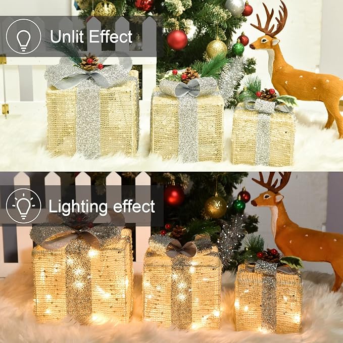 Christmas Lighted Gift Boxes, Pre-lit Lights Gold Linen Cloth Gift Boxes, Light up Present Boxes Set Battery Operated with Different Sizes for Holiday Indoor Outdoor Decorations (Gold Liene)