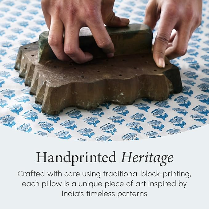 CPC 100% Cotton Throw Pillow Covers 18x18 Inch, Set of 2 Blue Block Print Pattern Couch Pillow, Cute Boho Decorative Pillows for Living Room, Bedroom with Hidden Zipper- Apatite Blue