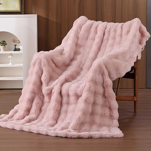 Faux Fur Throw Blanket Light Pink Fluffy Fuzzy Soft Bubble Throw Blanket 60x80 for Bedroom Sofa Couch Cozy Thick