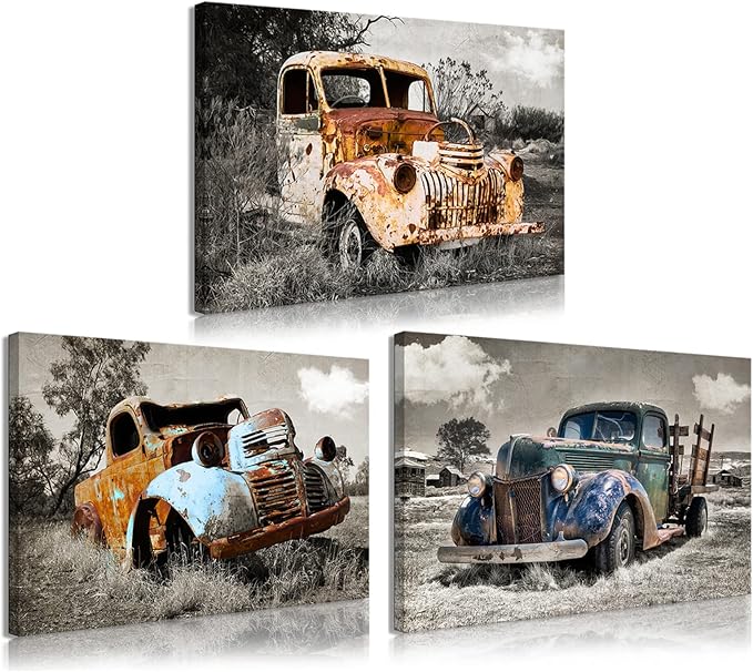 YUANAND Rusty Truck Canvas Wall Art - Vintage Blue Car Pictures Living Room Decor - Country Style Artwork Framed Posters Paintings
