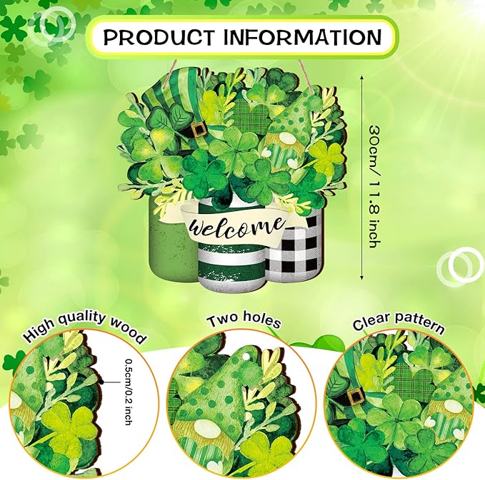 Spiareal Saint Patrick's Day Welcome Door Sign Shamrock Clover Lucky Hanging Decor St. Patrick's Day Wood Wreaths Front Door Decorations for Paddy's Irish Outdoor Farmhouse Porch