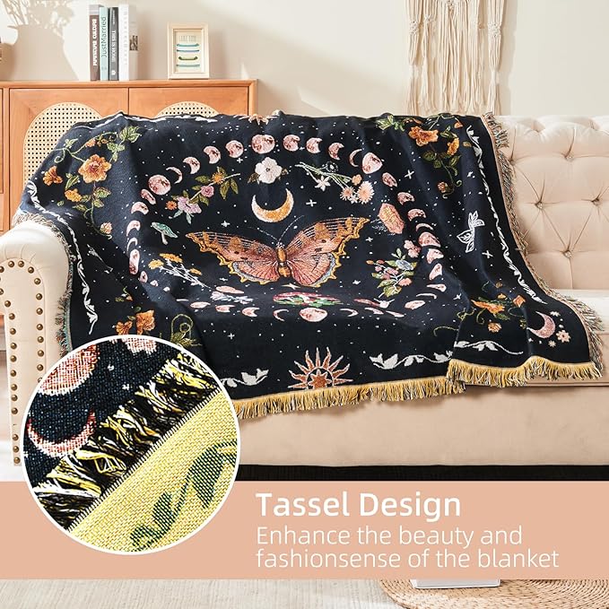 Boho Throw Blanket Reversible Cotton Bohemian Tapestry Hippie Room Decor Outdoor Blanket Double Sided (Black Butterfly 50"x60")