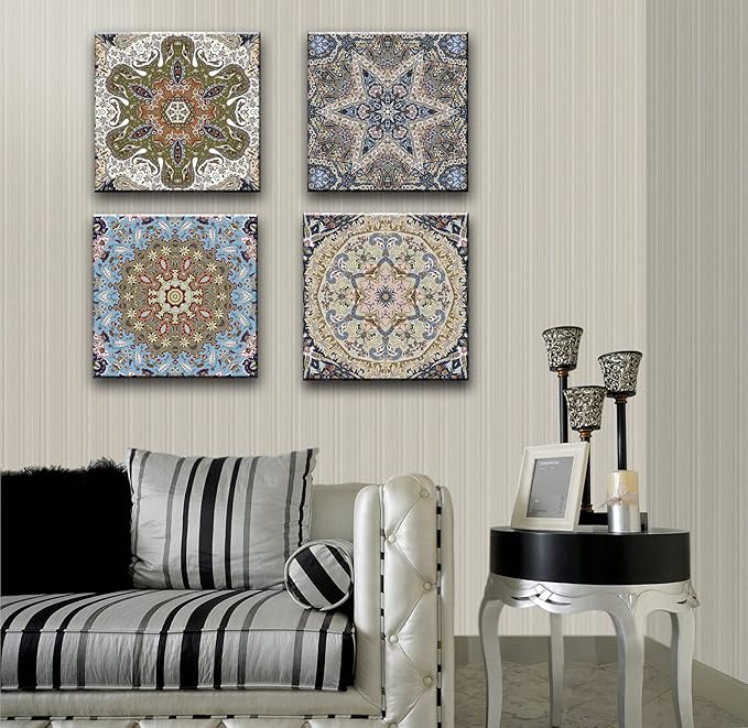 dgbtcart Bathroom Decor Mandala Wall Art, Boho Artwork Floral Pictures Painting Prints for Living Room Decoration - 12”x12”x4 Panel