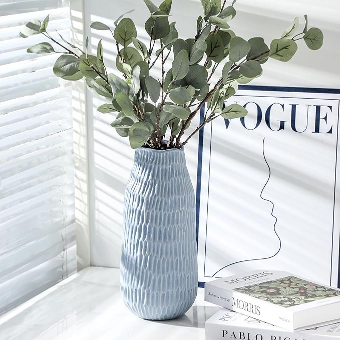 12.6 Inch Mat Blue Modern Handmade Ceramic Vase, Rustic Farmhouse Decorative Flower Vases for Home Decor,Pampas Grass Bouquet, Living Room,Kitchen,Office,Bedroom,Centerpiece Table Decorations