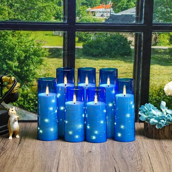Flameless Candles,with Embedded Star String, Battery Operated Candles Flickering LED Pillar Candles with Remote Control and Timer, Home Decoration Add a Warm and Romantic Atmosphere，Set of 7 (Blue)